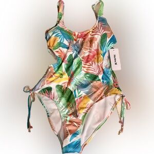 Hurley One Piece Swimsuit Size L Floral Peep Side Cinched NWT Tropical Beach